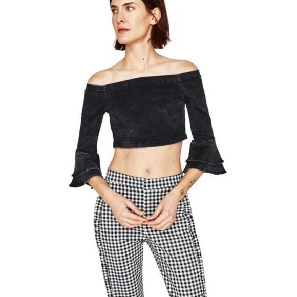 Zara EUC Denim Cropped Off Shoulder Top Ruffled Sleeves Size S - Picture 2 of 15